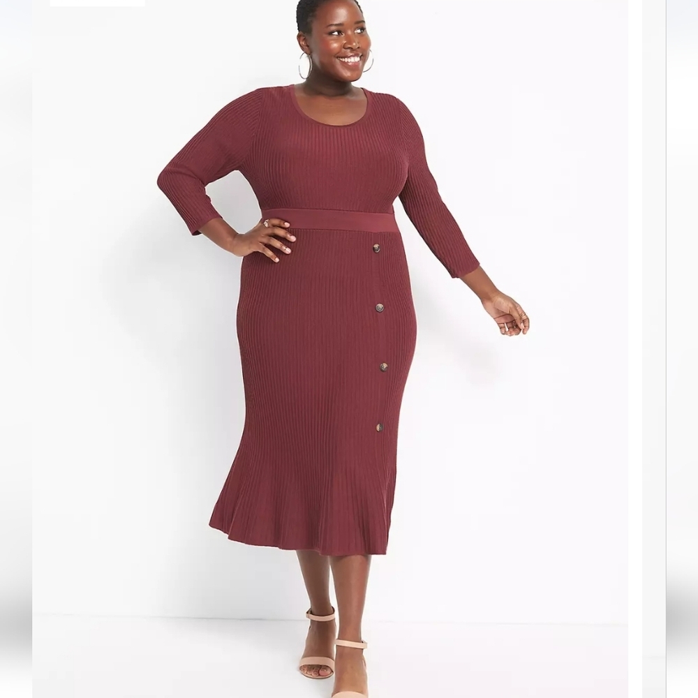 Lane Bryant Burgundy Ribbed Midi Sweater Dress with Button Detail NWOT Sz 18/20